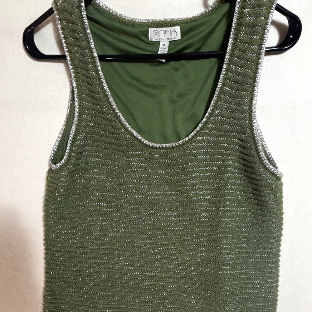 Sofía Jeans by Sofía Vergara Women M Green Silver Metallic Knit Lined Tank Top